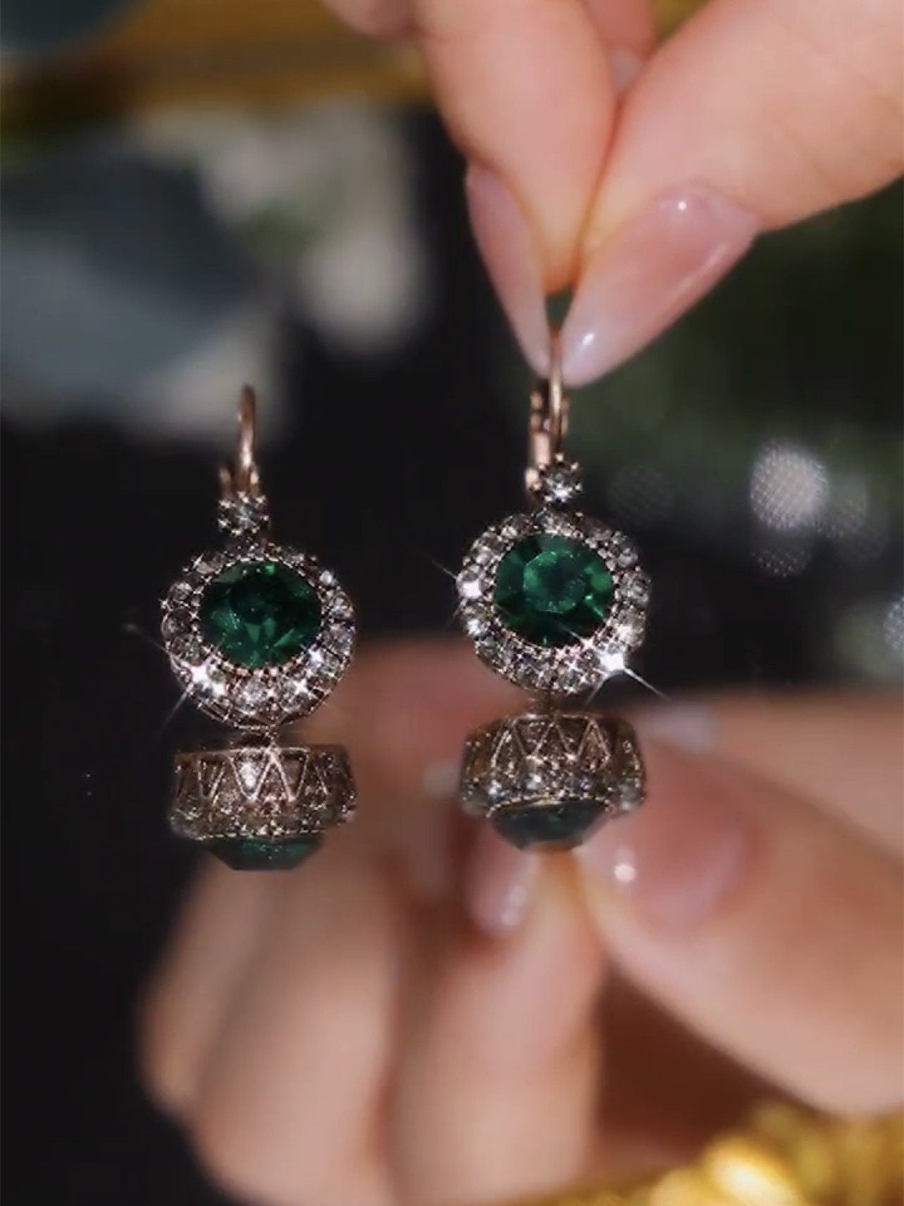 Retro-Style Green Crystal Hoop Earrings with Diamond Accents