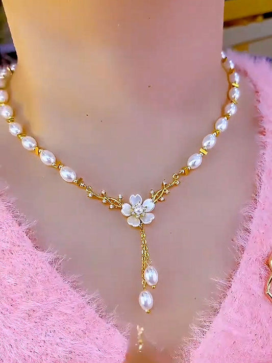 French-style High-end Floral Pearl Long Tassel Clavicle Necklace