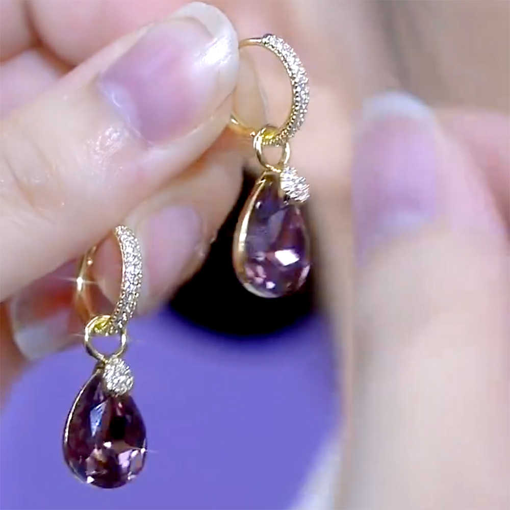 Diamond-Embellished Teardrop Purple Crystal Hoop Earrings — Elegant Women's Accessory