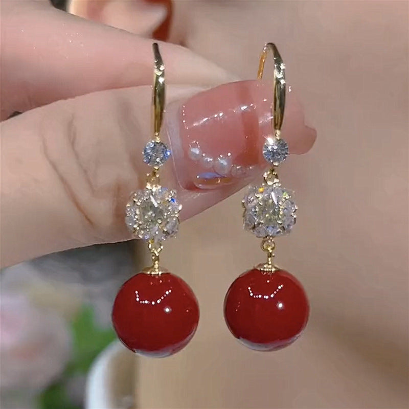 Vintage Red Pearl Earrings S925 Silver Needle Earrings