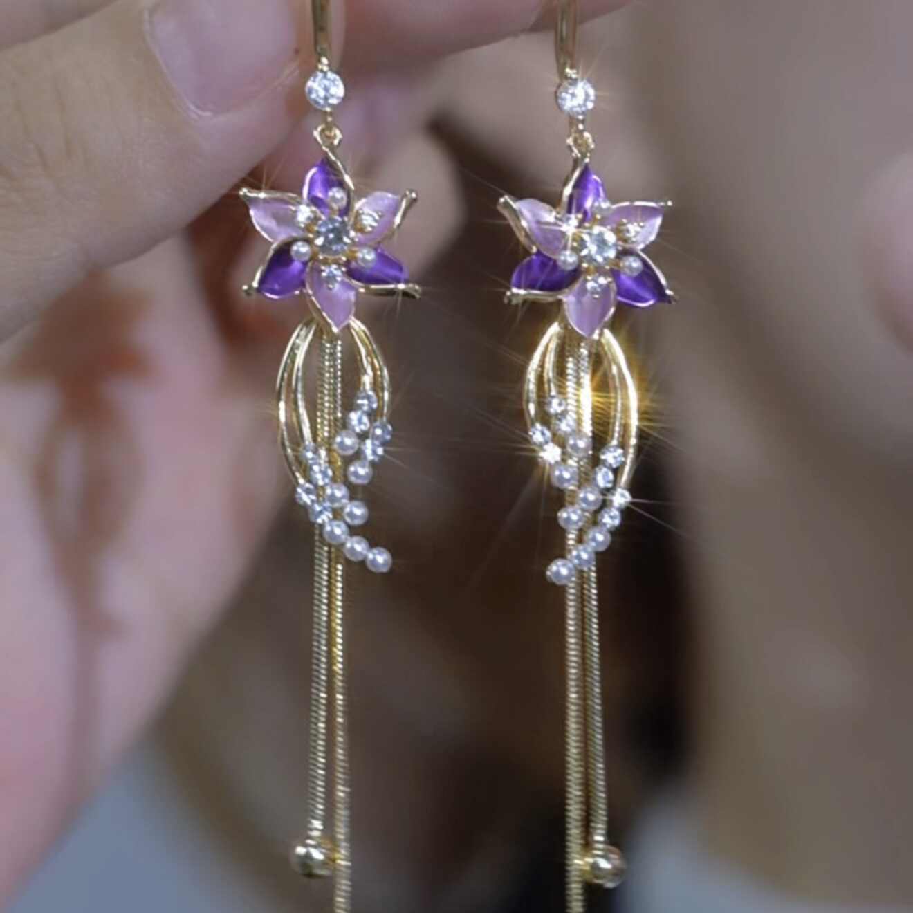 Purple Rhinestone-Embellished Floral Tassel Drop Earrings