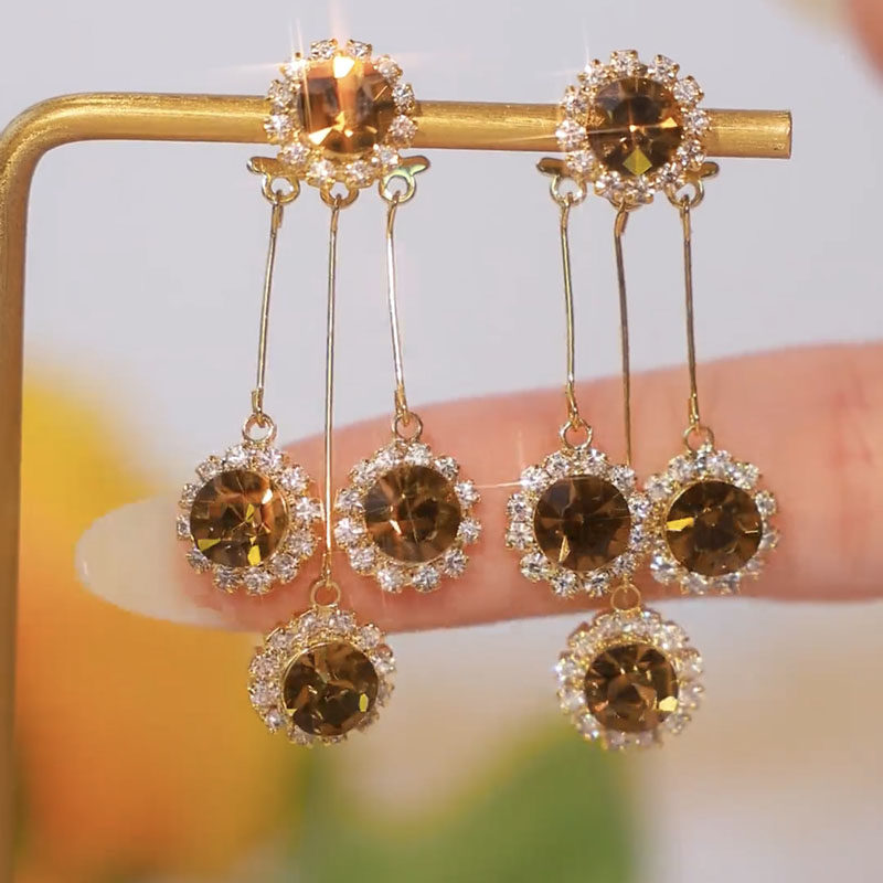 Designer-Style Light Luxury Earrings with Brown Zircon and Crystal Accents