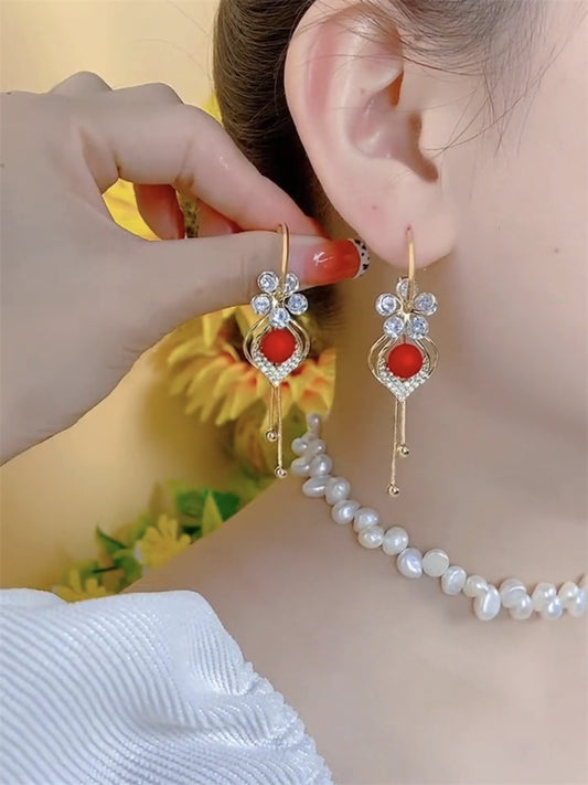 Design Red Beaded Flower Tassel Earrings
