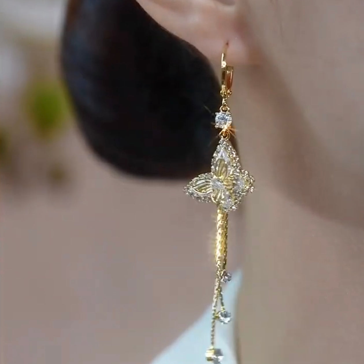 Micro-Inlaid Butterfly Earrings Autumn And Winter Long Retro Tassel Female French Earrings