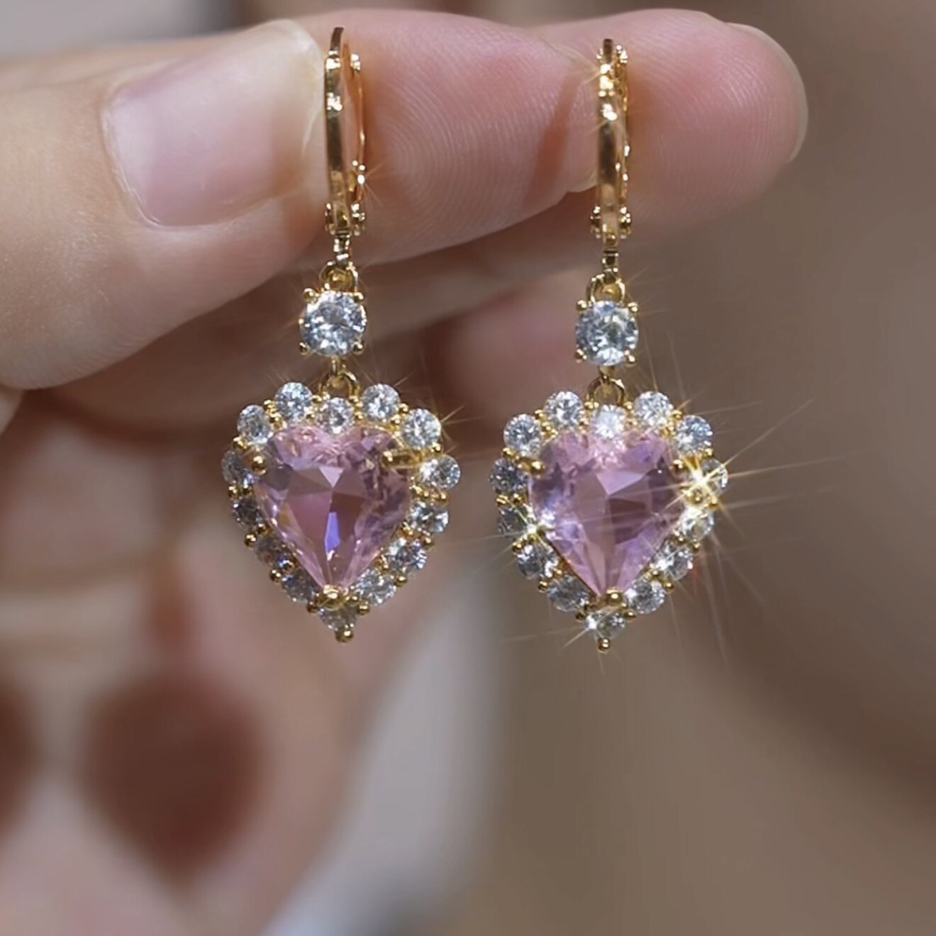 Pink Crystal Heart Hoop Earrings – Sparkling Rhinestone Elegant Luxury Jewelry