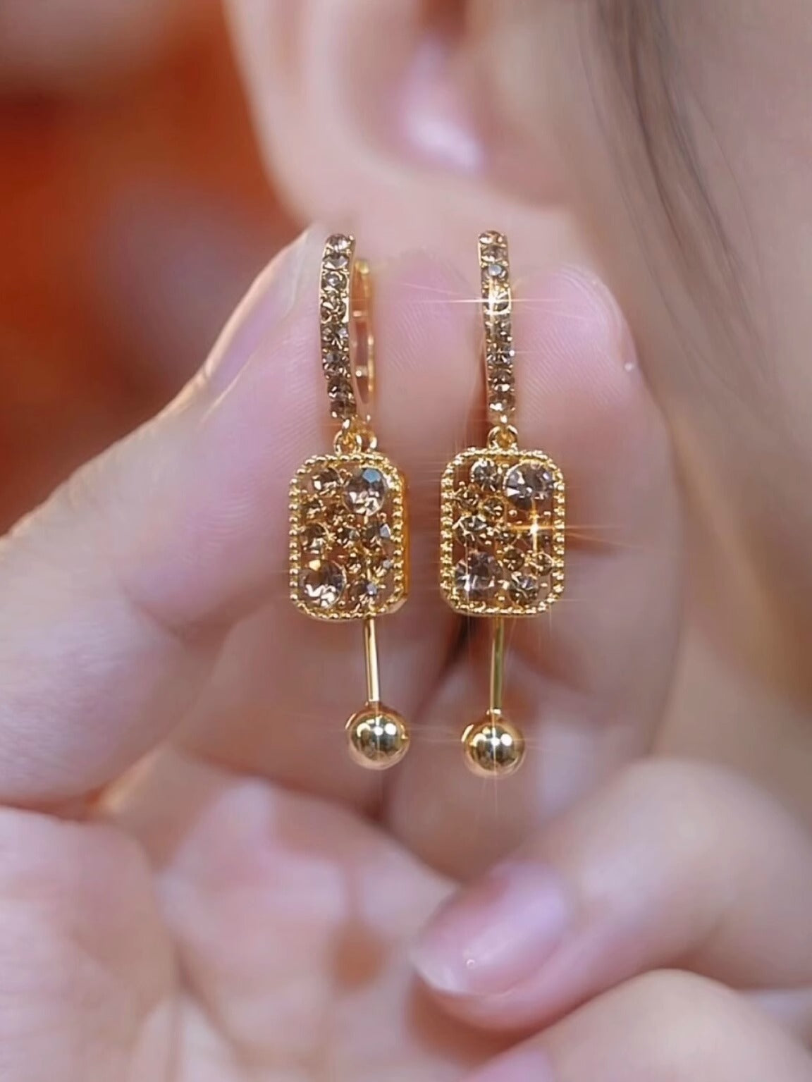18K Gold Full Diamond Square Crystal Earrings Women's Accessories