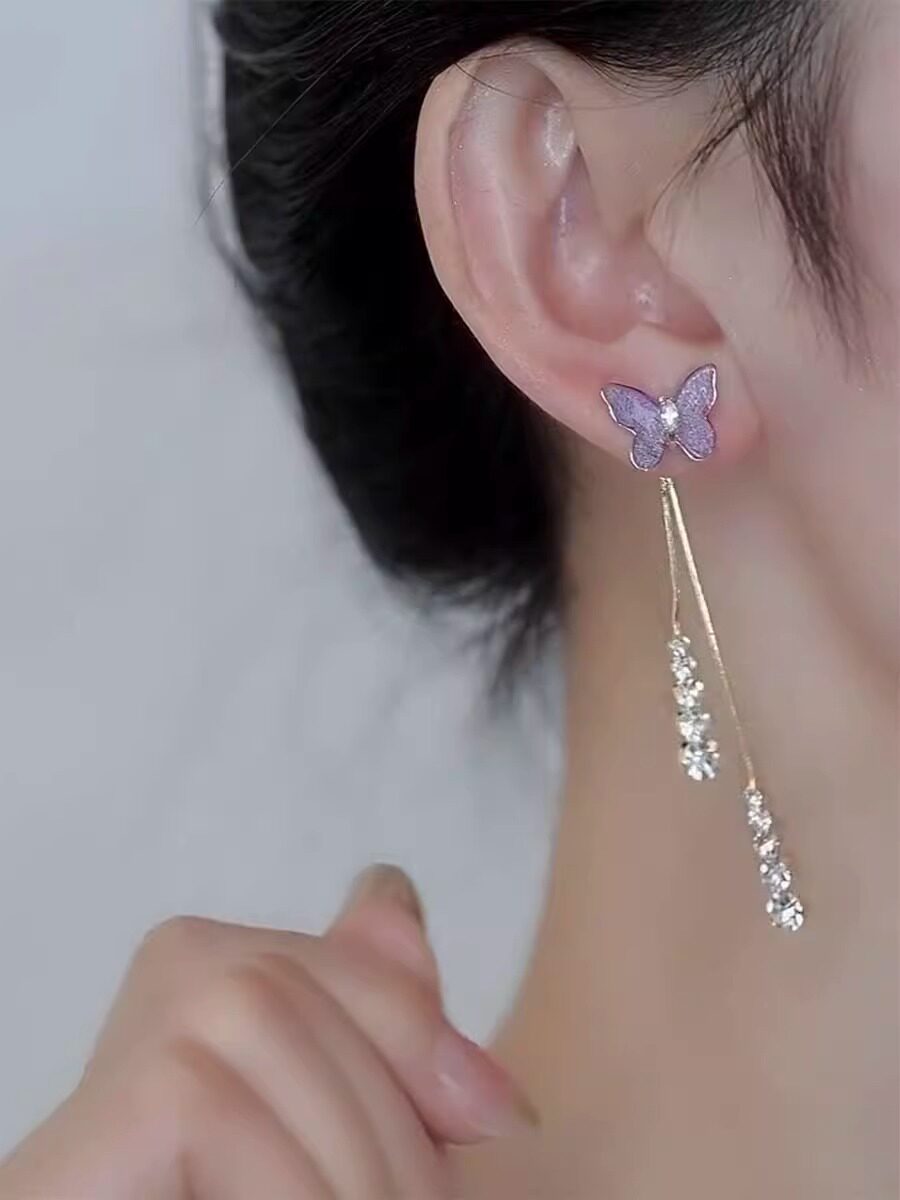 Purple Crystal Light Luxury Sparkling Diamond Butterfly Earrings