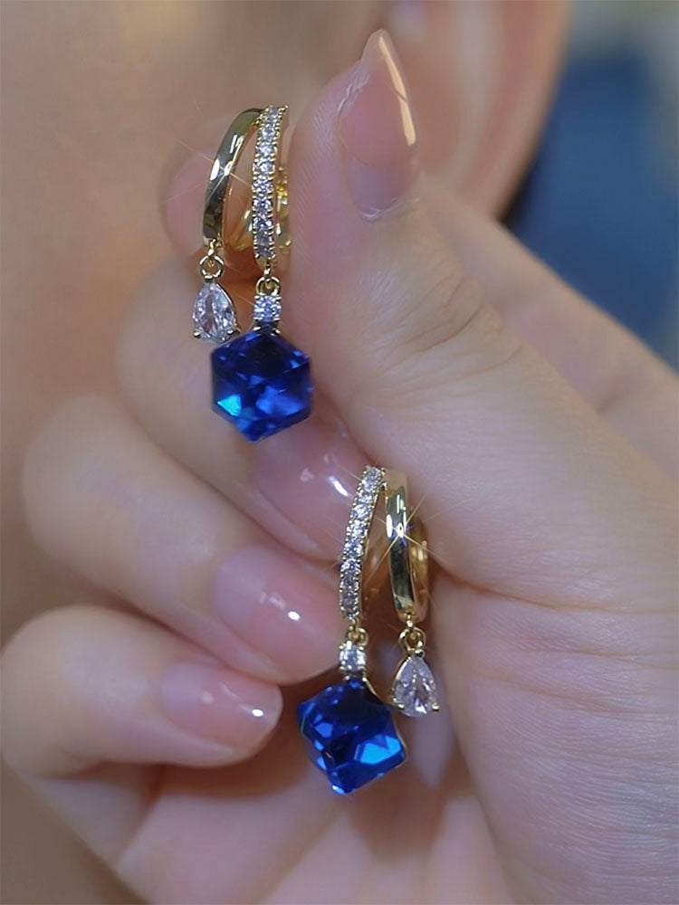 Women's Blue Crystal Sugar Cube Earrings