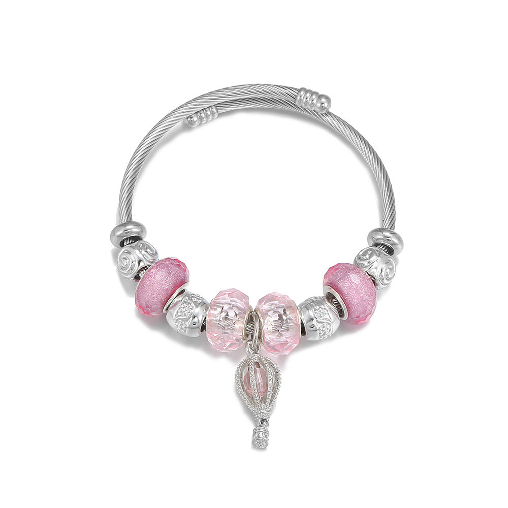 DIY Open Stainless Steel Bracelet Female Pink Hot Air Balloon Angel Wing Pendant
