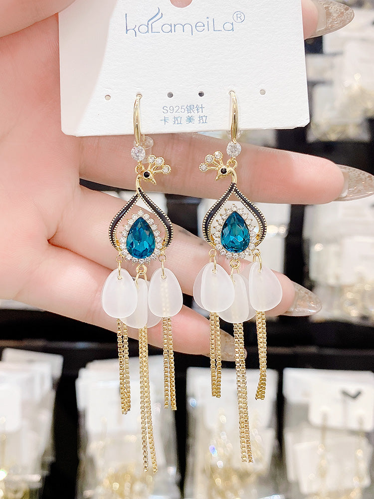 Phoenix Blue Crystal Earrings Long Temperament Accessories