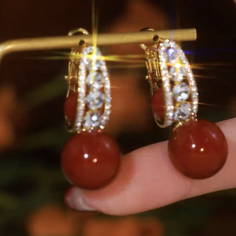 Luxury Red Pearl & Zircon Drop Earrings – Convertible 2-in-1 Silver Needle Statement Earrings