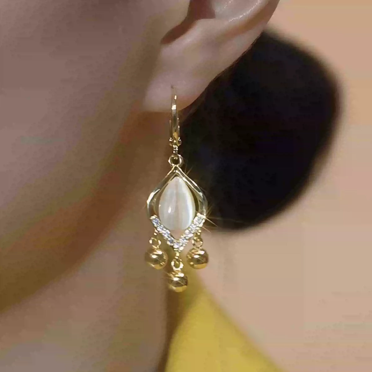 Elegant Cat-Eye Stone Tassel Drop Earrings with Crystal Accents