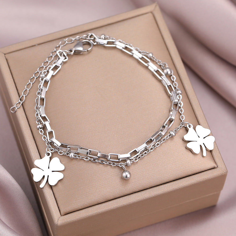 Pulsera elegante de moda de doble capa con colgante de trébol de cuatro hojas de la suerte para mujer