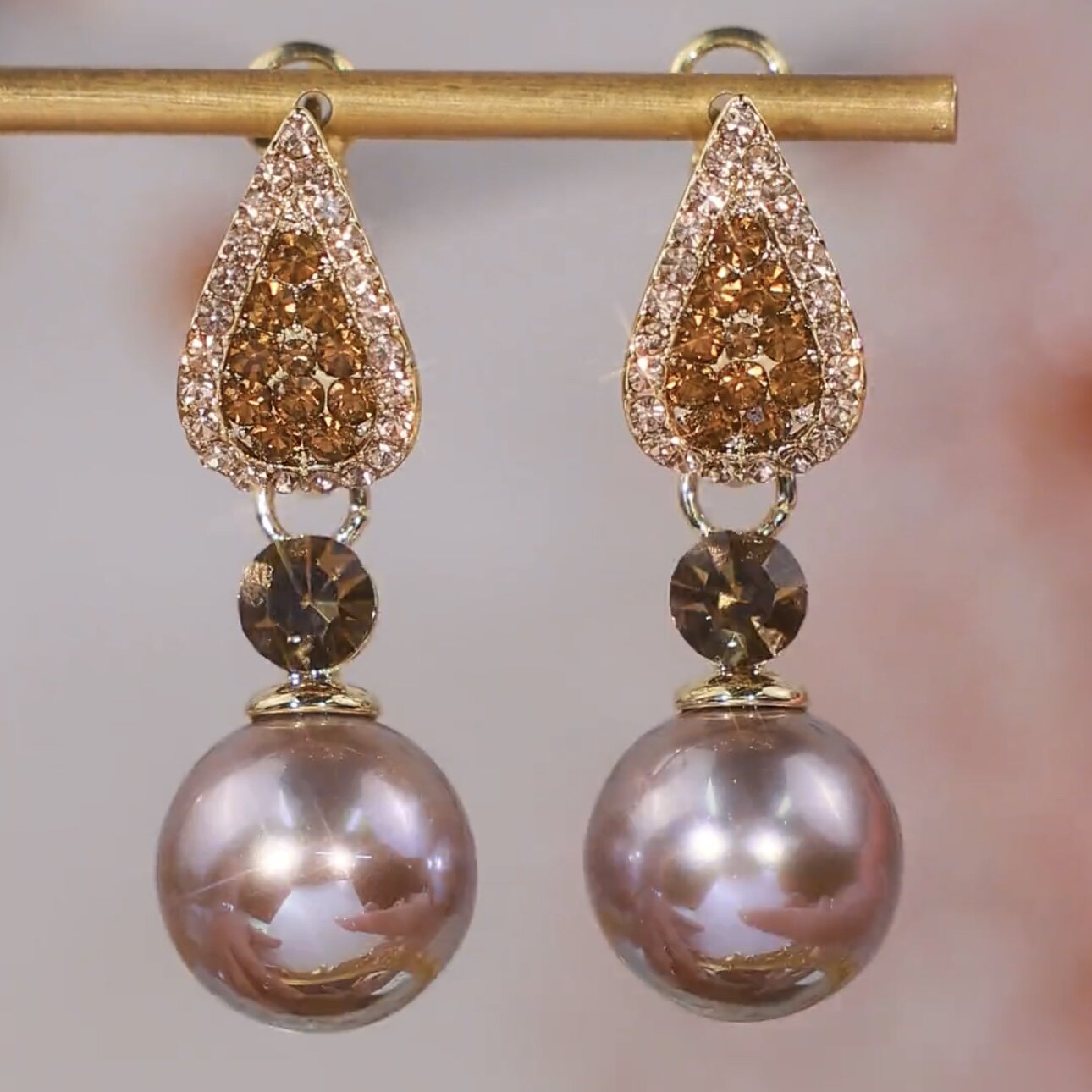 Champagne Pearl & Sparkling Zircon Drop Earrings for Women | Luxury Statement Jewelry