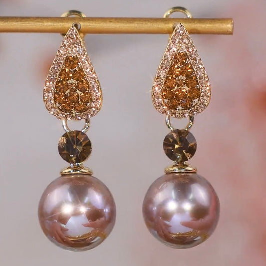 Champagne Pearl & Sparkling Zircon Drop Earrings for Women | Luxury Statement Jewelry