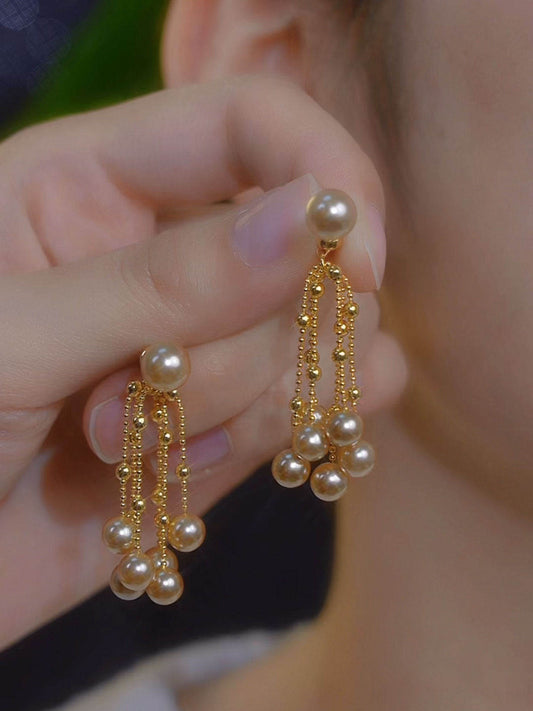 Elegant Vintage-style Champagne-Colored Tassel And Pearl Earrings