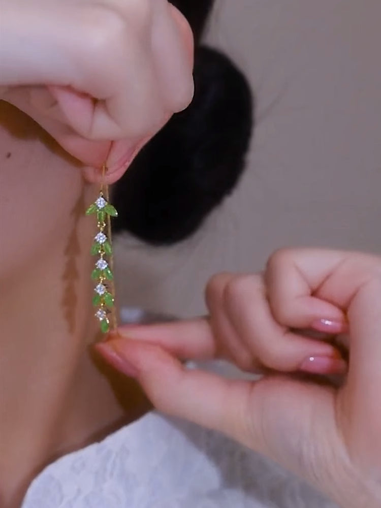 Long Green Leaf Diamond Tassel Earrings