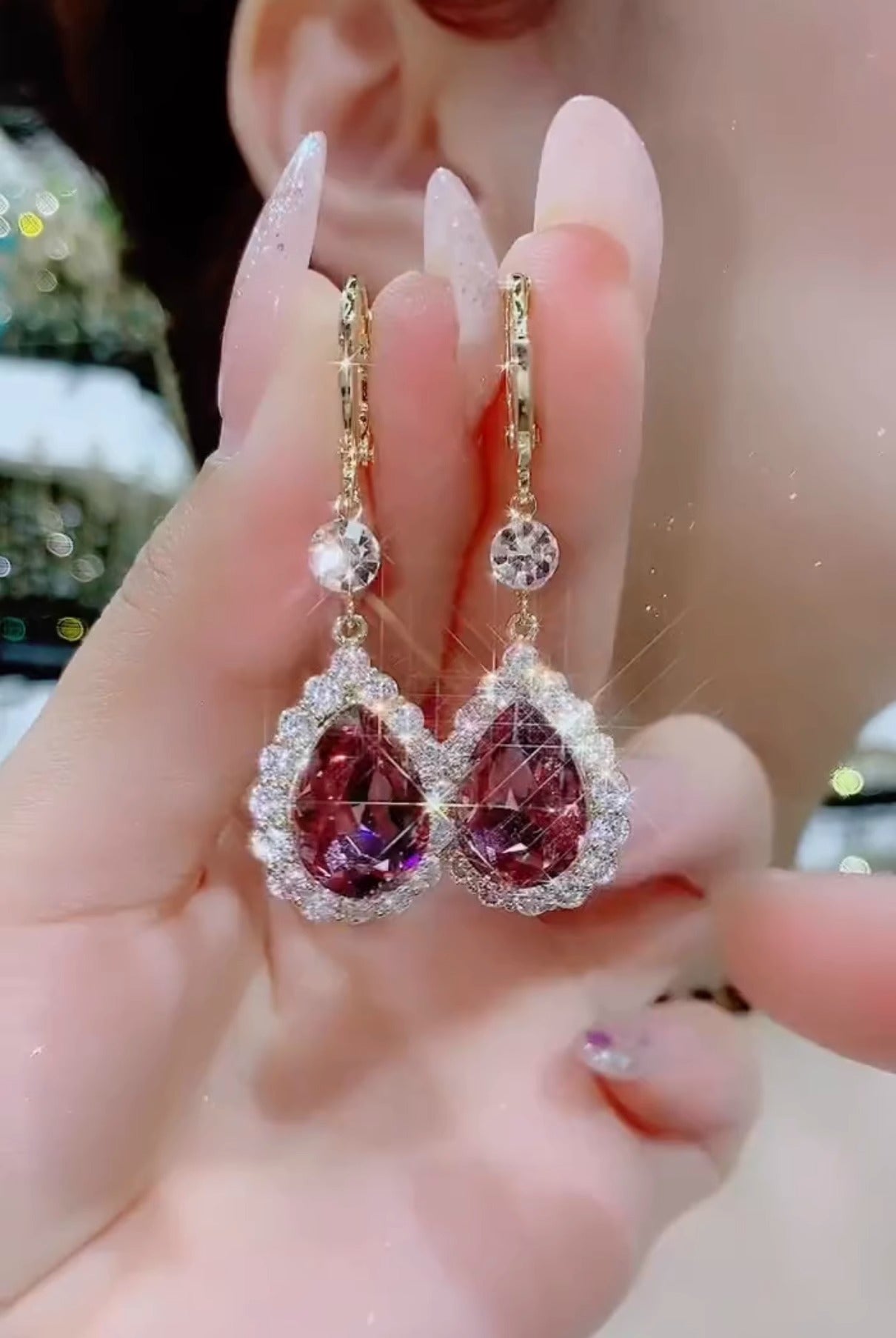 Super Flash Water Drop Earrings Temperament Purple Crystal Long Earrings For Women