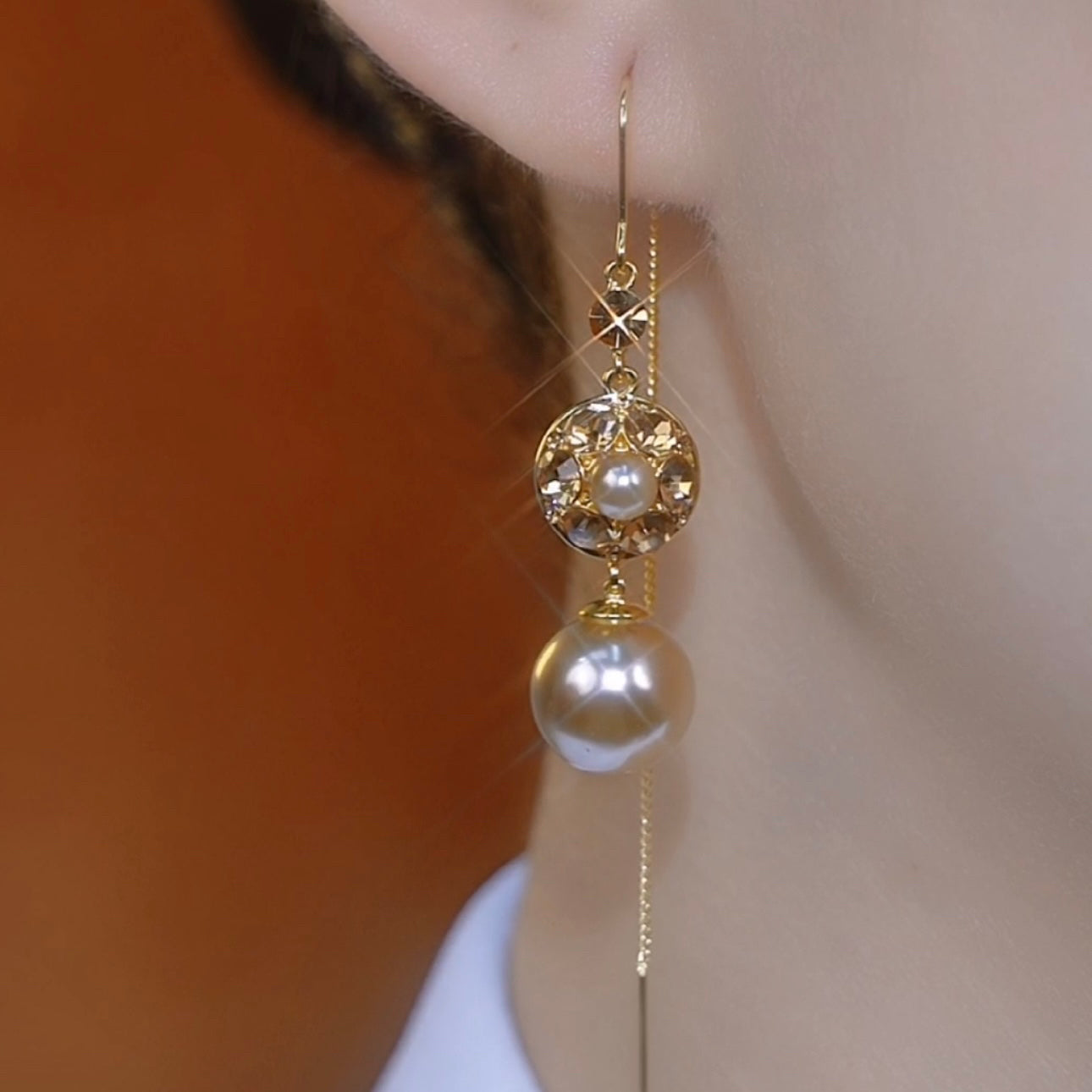 Champagne Diamond Vintage Long Pearl Earrings