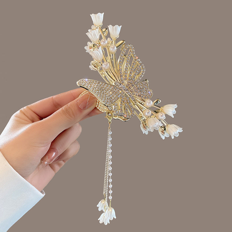 Haarspange mit Schmetterlings- und Blumenquaste für Damen, exquisiter Clip für Frühling und Sommer, großer High-End-Haifischclip
