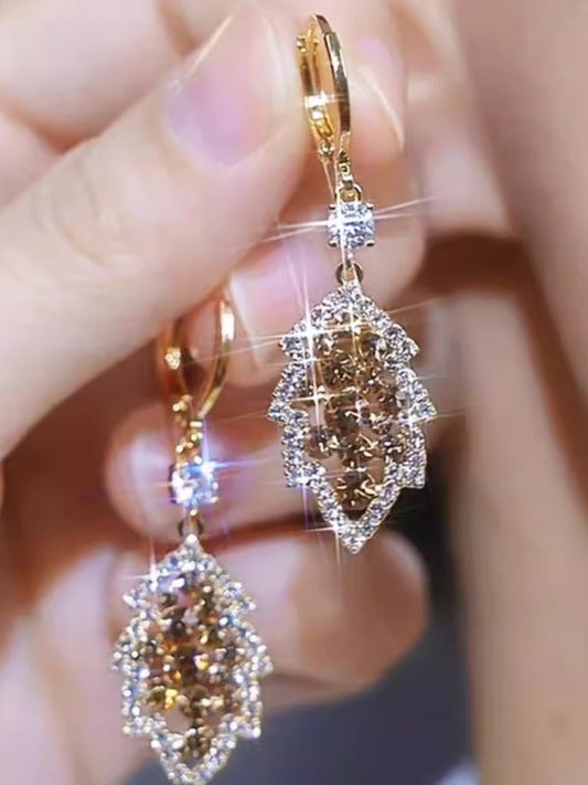 Gold Branches and Jade Leaves Diamond Hollow Earrings Women's Accessories