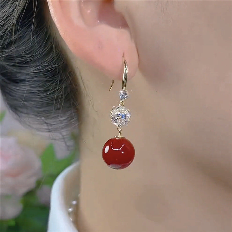 Vintage Red Pearl Earrings S925 Silver Needle Earrings