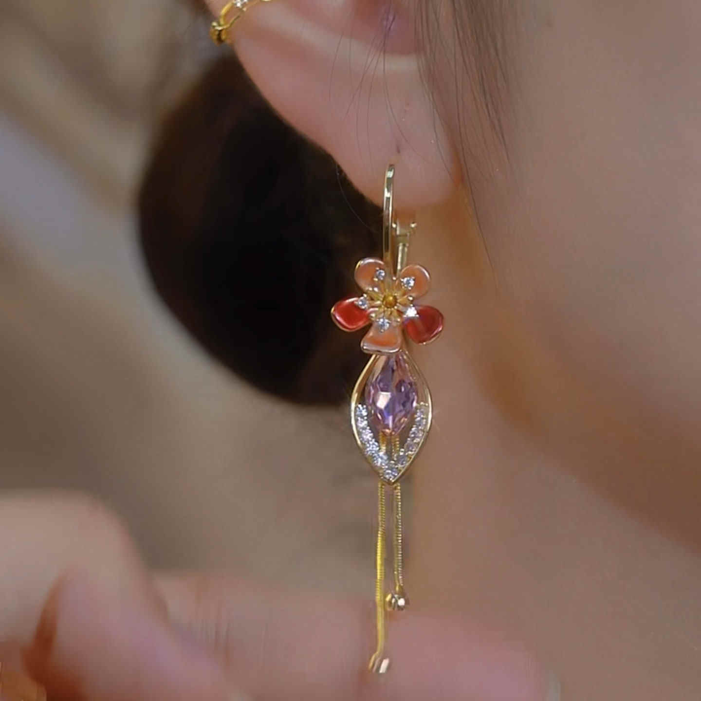 Women's Affordable Luxury Floral Tassel Earrings with Rhinestone Chains
