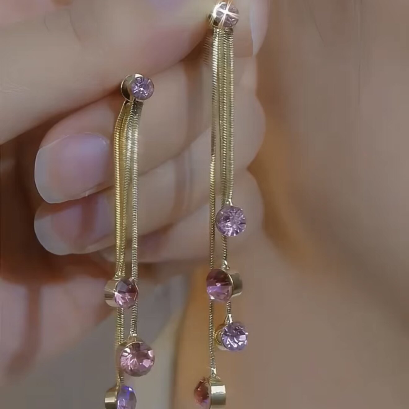 Long Tassel Earrings with Purple Crystal Spheres