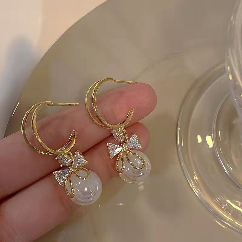 Women'S Designer Bow Pearl Earrings Silver Needle Earrings