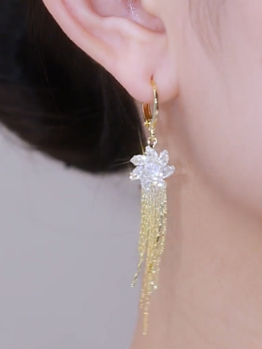 Zircon Flower Long Tassel Earrings