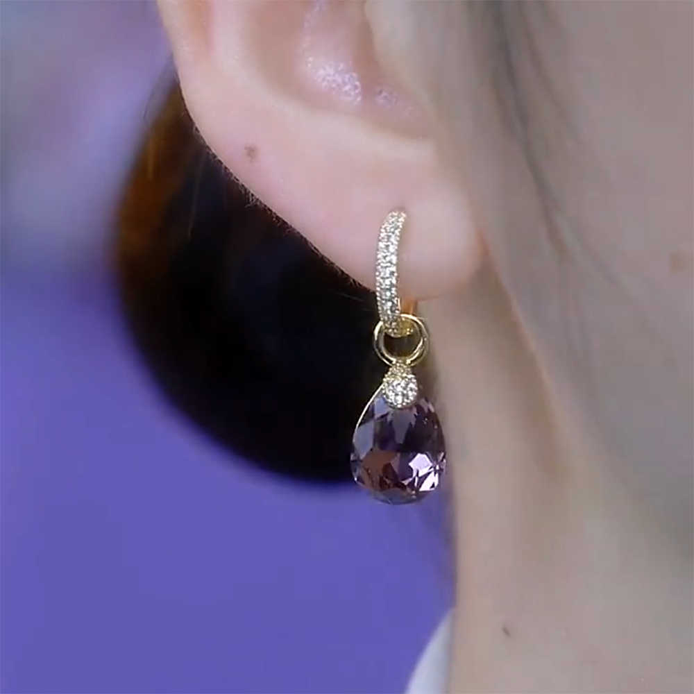Diamond-Embellished Teardrop Purple Crystal Hoop Earrings — Elegant Women's Accessory