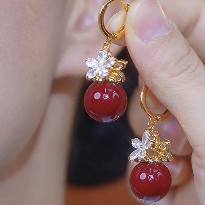 Pendientes de perlas rojas con flores francesas para mujer