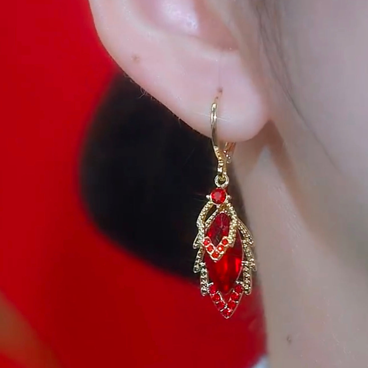 Exquisite Red Zircon Leaf Earrings With Diamonds
