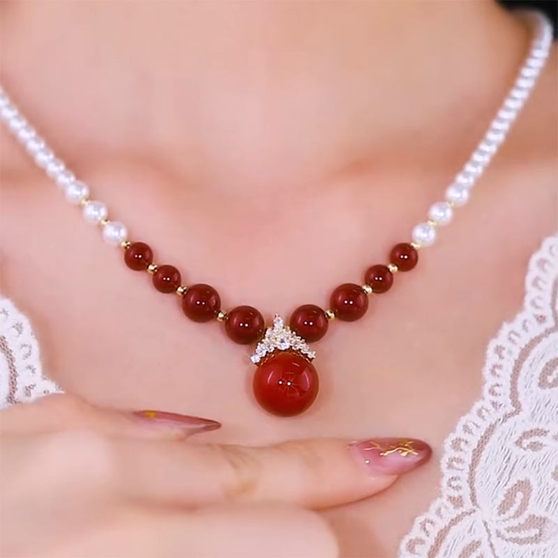 Red And White Pearl Necklace Light Luxury Women'S Fashion Jewelry