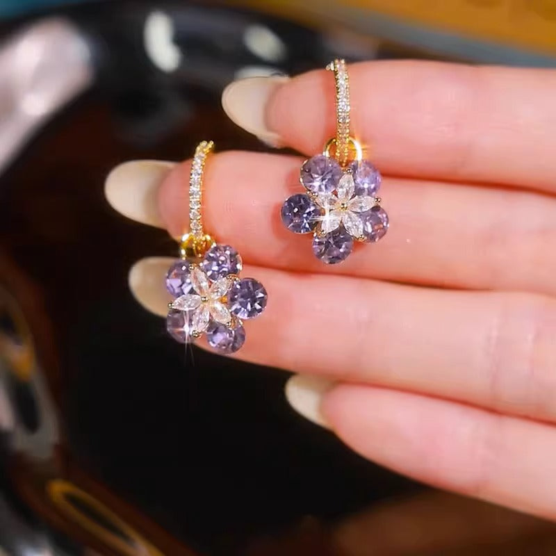 Purple Rhinestone Flower Earrings 925 Silver Needle Women's Accessories