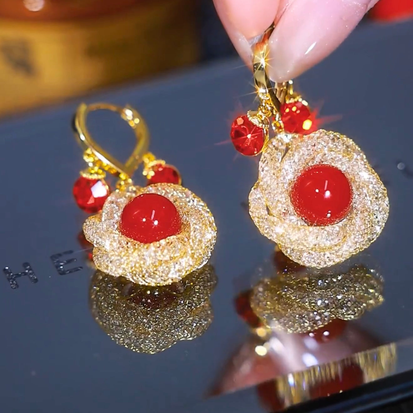 Red Bead Mesh Flower Earrings Feminine Fashion Accessories