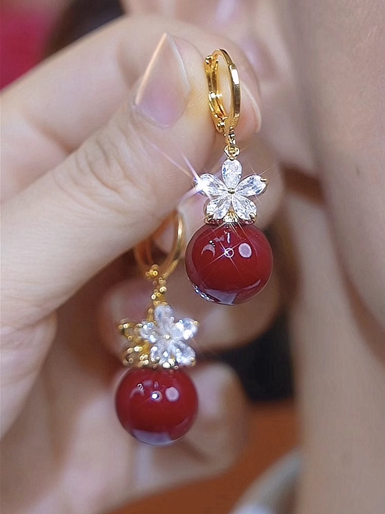 Red Pearl Zircon Flower Temperament Earrings