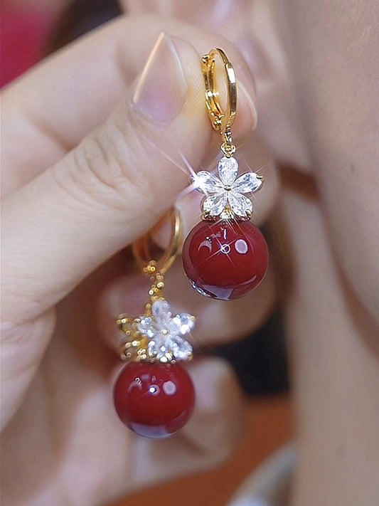 Red Pearl Zircon Flower Temperament Earrings