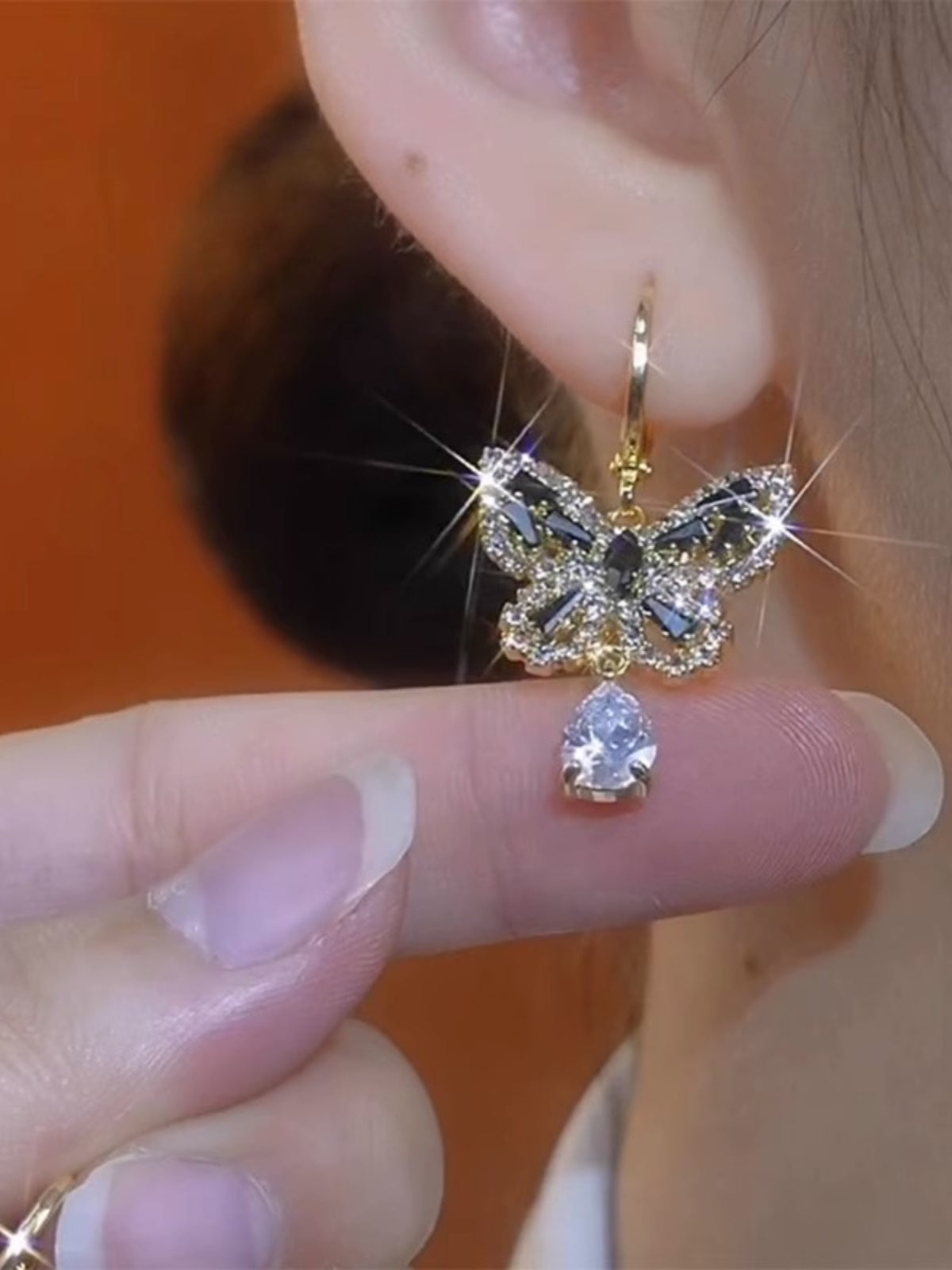 Women'S Black Zircon Sparkling Butterfly Earrings