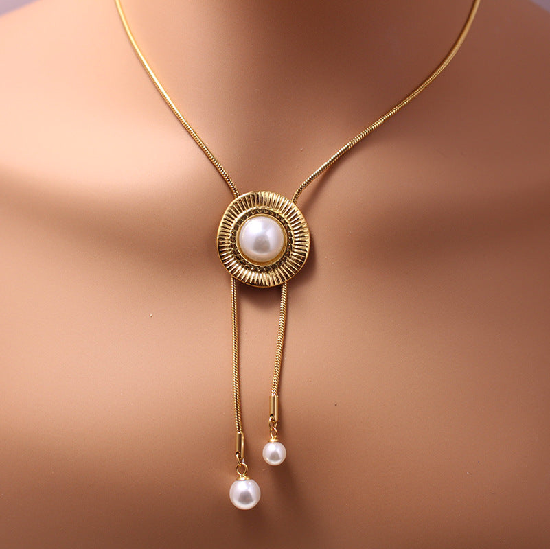 Fashionable Women'S Titanium Steel Imitation Pearl Beaded Layered Necklace