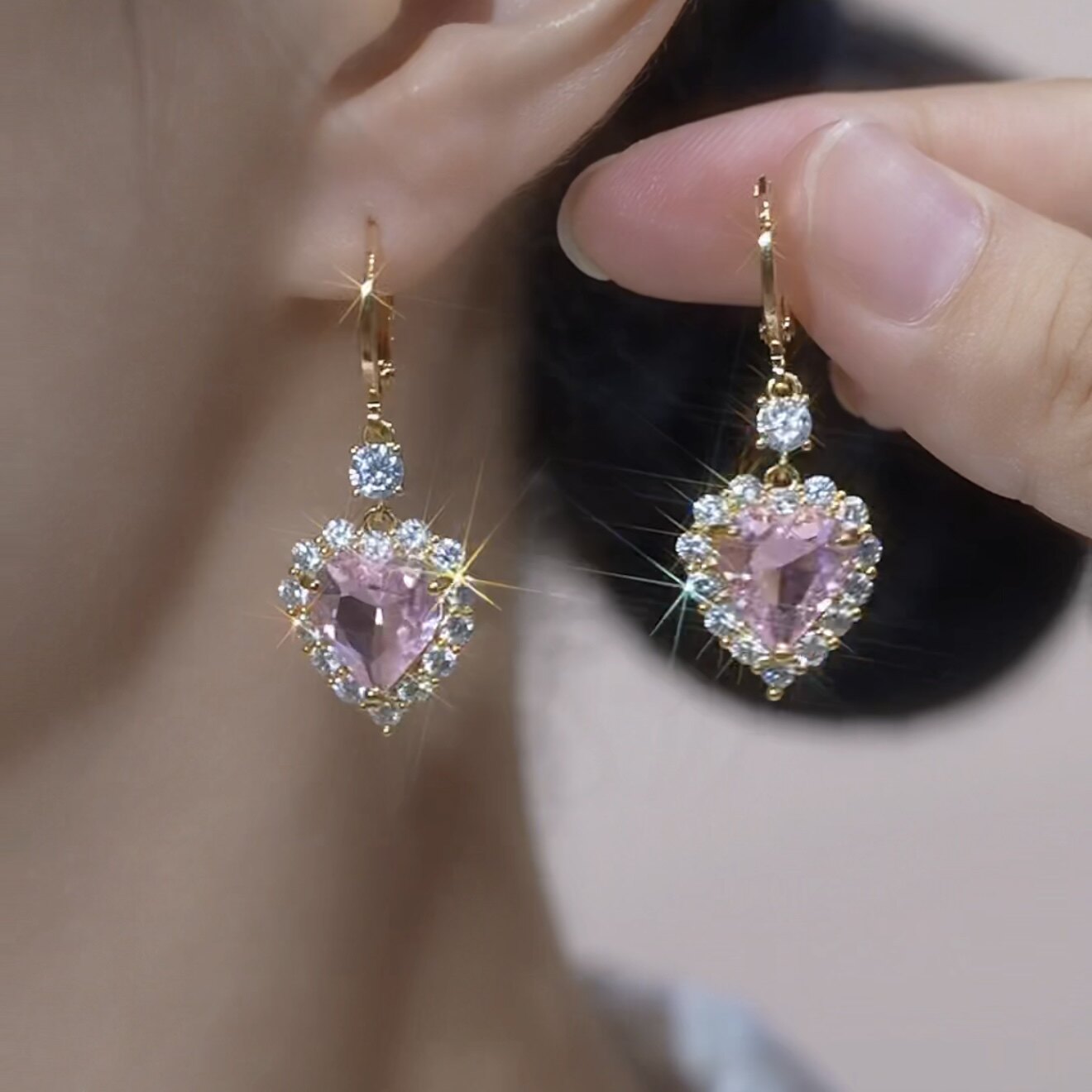 Pink Crystal Heart Hoop Earrings – Sparkling Rhinestone Elegant Luxury Jewelry