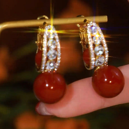 Luxury Red Pearl & Zircon Drop Earrings – Convertible 2-in-1 Silver Needle Statement Earrings