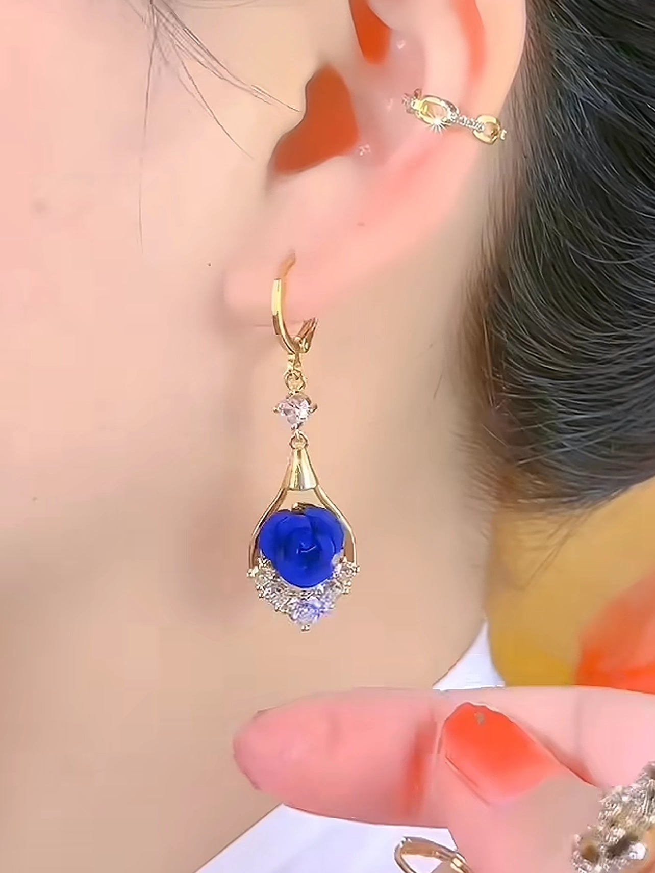 Elegant And Sophisticated Diamond-encrusted Blue Rose Earrings