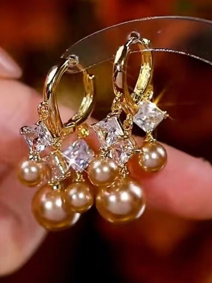 Zirconia Pearl Champagne Gold Silver Needle Earrings