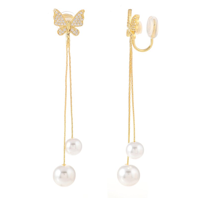 Clip-on Long Butterfly Tassel Pearl Earrings with Double Comfort Pads