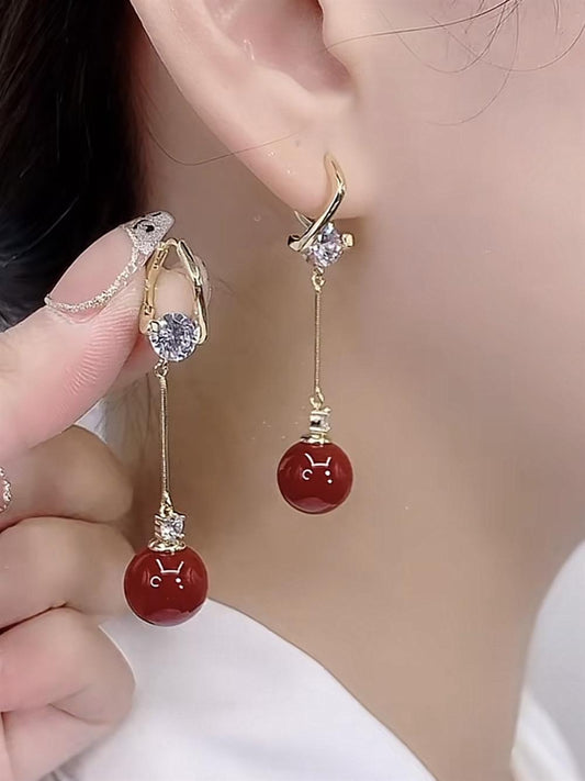 Long Zircon Tassel Red Bean Earrings For Women