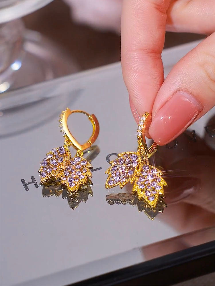 Exquisite And Fashionable Purple Diamond Leaf Earrings