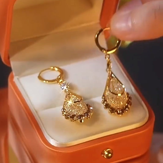 Fashion Gold Wire Mesh Coffee Color Crystal Water Drop Earrings For Women