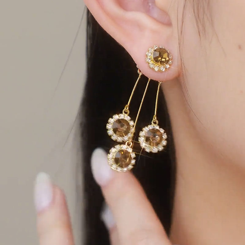 Designer-Style Light Luxury Earrings with Brown Zircon and Crystal Accents