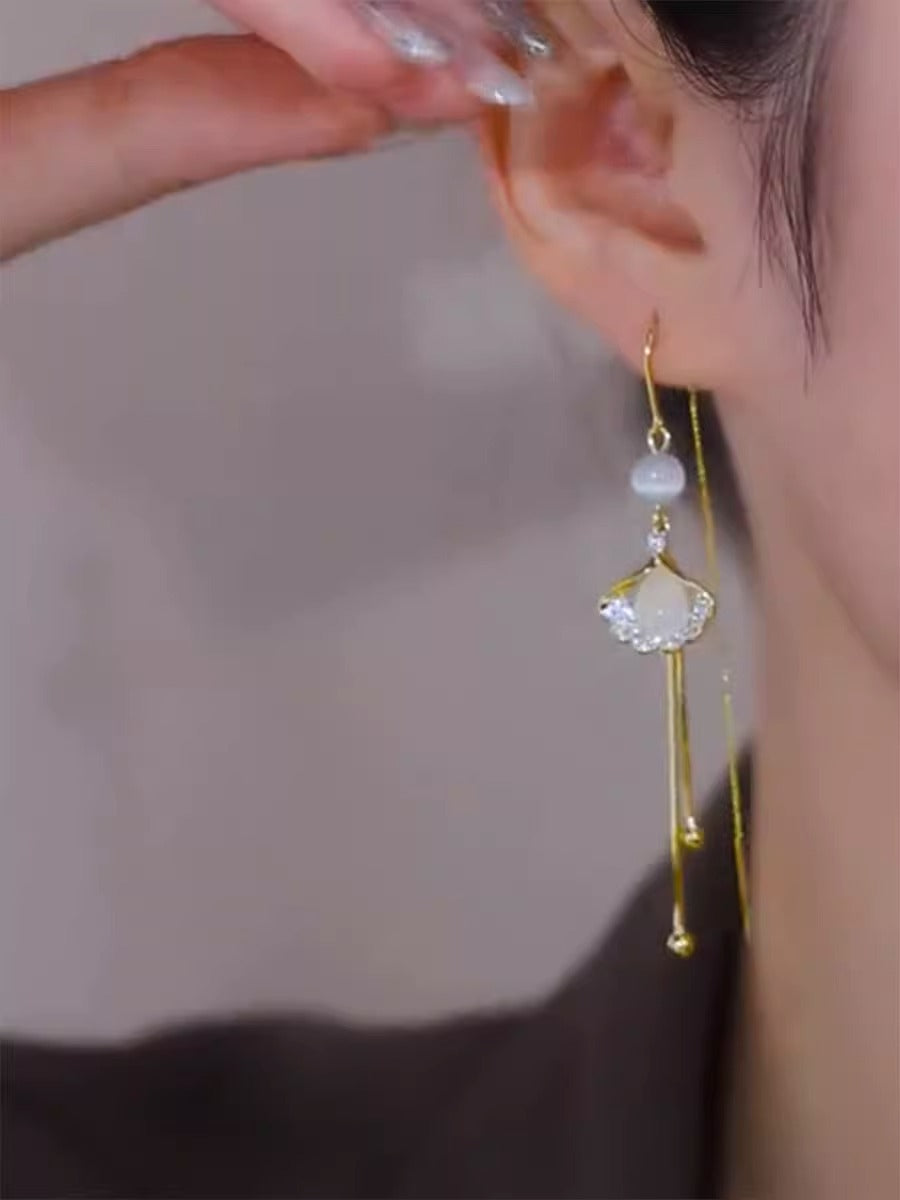 Women's Silver Needle Long Tassel Earrings Ginkgo Leaf Ear Wire